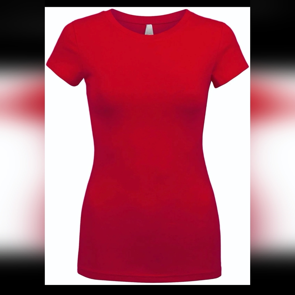 Red round neck short sleeve long casual  cotton solid fitted sexy tee shirt top